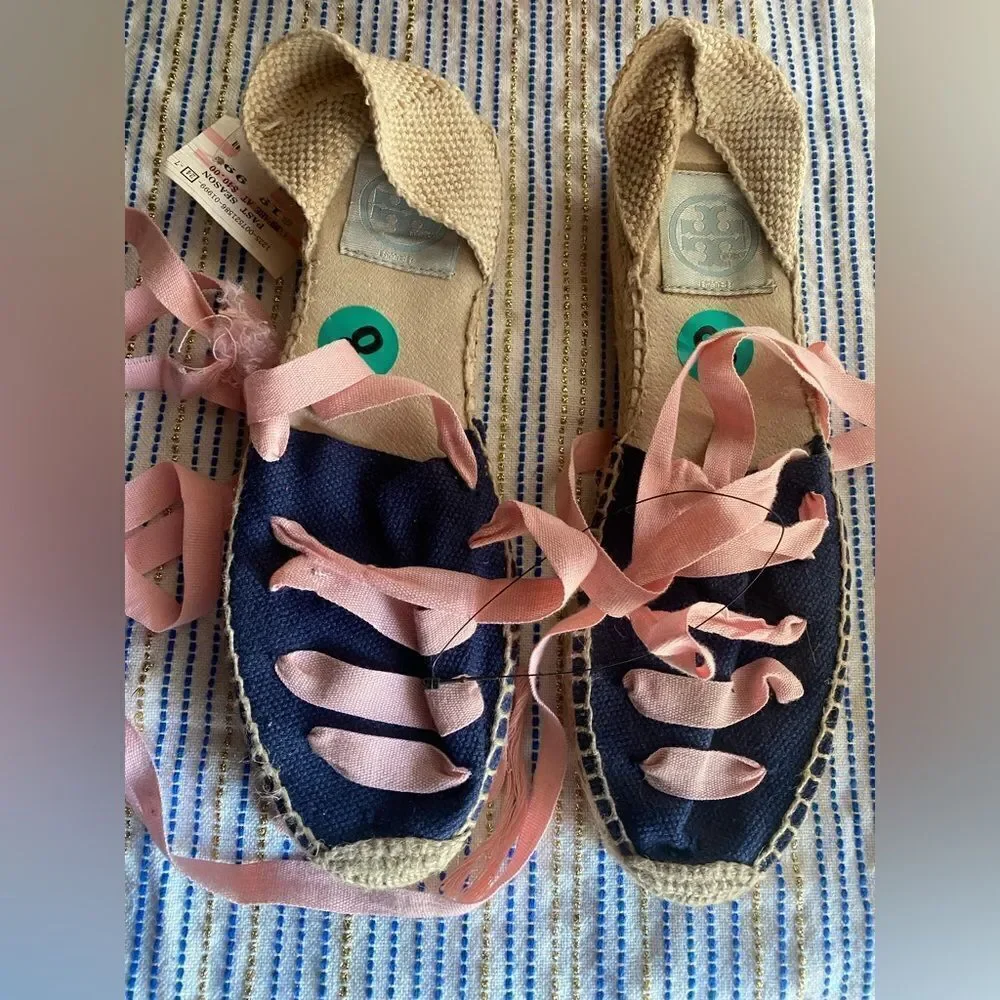 Tory Burch Womens Espadrilles size 8 Navy /pink Ankle Wrap Woven Natural NEW
